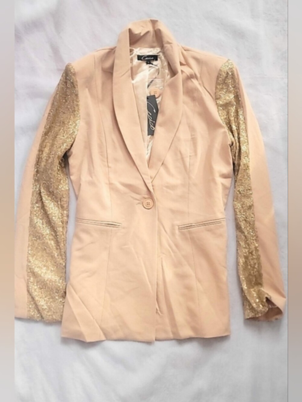 NWT!Formal Shimmer Fall Gold Sequin Sleeve Tan Women's Blazer Party Jacket Large